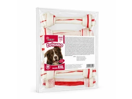 Nakloněný e-shop packshot produktu Akinu Uzel z buvolí kůže pamlsek pro psy vícebarevný 18 cm 5 ks (RegCis 204857) na bílém pozadí. Produkt beze změny převzat z aktuální produktové fotky, náklon, světlo a stín sjednoceny podle schváleného packshotu 204906.
