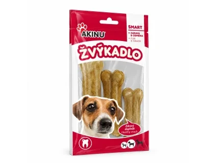 Nakloněný e-shop packshot produktu Akinu PAPKY Kost z buvolí kůže přírodní pamlsek pro psy žvýkací 8 cm 3 ks (RegCis 204048) na bílém pozadí. Produkt beze změny převzat z aktuální produktové fotky, náklon, světlo a stín sjednoceny podle schváleného packshotu 204906.