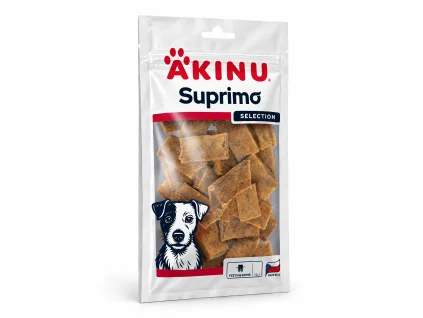 Packshot Akinu SUPRIMO SELECTION Dental pamlsek pro psy 75 g (282042) na bílém, 1:1 — náklon a natočení sjednocené podle packshotu SKU 176249 (asset 47c3c87d), varianta v1 ze 4 (schválená Žanet).