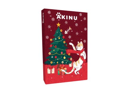 Adventní kalendář s vánočním stromkem a kočkou na červeném pozadí.