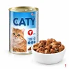 Packshot 20040 CATY Hovězí kousky v omáčce 415 g + surovina na bílém talířku. Label ref = BaseLinker e-shop packshot (maketa v Heliosu chybí); surovina = stejná fotka jako u 20035.