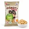 Packshot SKU 173010 (Akinu Bezlepkové Mini piškoty 120 g) + mini piškoty v bílé misce, 2k 1:1, náklon podle skillu. Obal: aktuální Piškoty se samolepkou „Již brzy v novém obalu“ (asset d8615b68); surovina z Heliosu (173010 surovina 2.jpg, doc 213626). Pamlsek = nad rámec skill-defaultu na žádost uživatelky. Vybrána v2 ze 2.