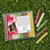 Flat-lay shora na zelené trávě: XXL balení tyčinek 204320 (100 ks) leží naplocho, vedle pět volných barevných tyčinek 12,5 cm. Přirozené denní světlo, fotorealistické.