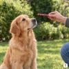 Lifestyle: zlatý retrívr sedí na slunné zahradě, ruka majitele mu podává vícebarevnou žvýkací tyčinku 12,5 cm (204320). Bez obalu.