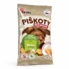 Packshot SKU 173011 (Akinu Bezlepkové piškoty 120 g) — sólo na bílém, 2k 1:1. Obal: aktuální Piškoty se samolepkou „Již brzy v novém obalu“ (asset 8f26e1bd nahraná uživatelkou); náklon replikován podle sesterského 173010 (0e706a2a). Vybrána v1 ze 2.