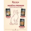Řadová infografika MASÍČKA PREMIUM funkční pamlsky pro kočky (Hair & Skin, Heart & Eyes, Hairball Control) — kočka uprostřed, produkty radiálně s benefit callouty. Experiment radial benefit map.