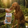 Lifestyle fotografie SKU 176286 (Suprimo Selection Losos kostky) — mechový les, Maďarský ohař (Vizsla), majitel podává pamlsek z ruky. Styl navazuje na sesterský SKU 176284 (mechový les, lovecká elegance dle Suprimo Selection série).