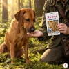Lifestyle 282041 Mobility 75 g – Rhodesian Ridgeback si bere pamlsek z ruky majitele (olivová lovecká bunda), sáček v druhé ruce, mechový smrkový les, ranní zlaté světlo, evergreen, 1:1.