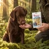 Lifestyle 282044 Hair & Skin 75 g – čokoládový Labrador si bere pamlsek z ruky majitele (olivová lovecká bunda), sáček v druhé ruce, mechový bukový les, ranní zlaté světlo, evergreen, 1:1.