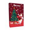Adventní kalendář s vánočním stromkem a kočkou na červeném pozadí.